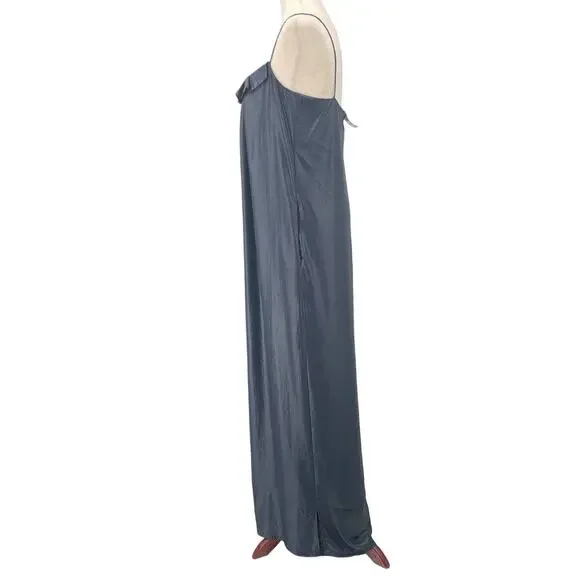 L'AGENCE Trapeze Slip Maxi Ruffle SM Metallic Blue Pockets Formal Evening‎